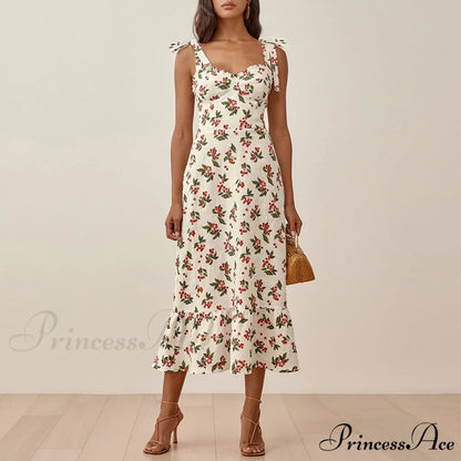 Elegant Vintage Floral Neck Sleeveless Strap Dress D-DC3474 / S