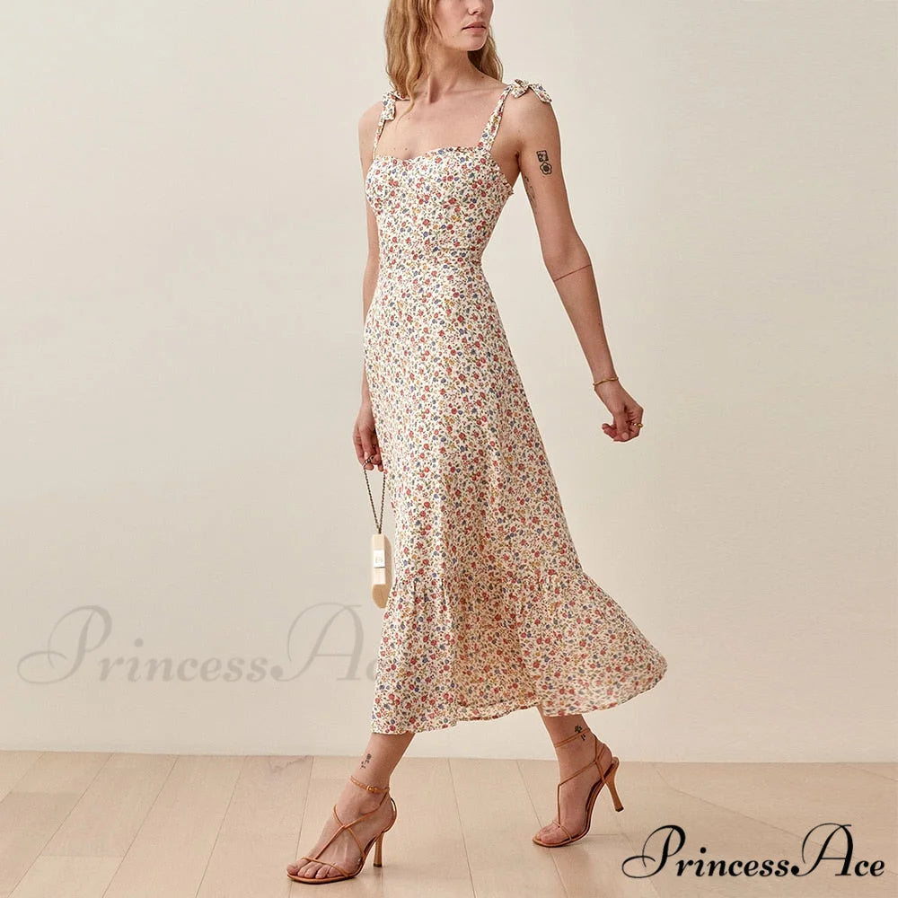 Elegant Vintage Floral Neck Sleeveless Strap Dress D-DC3648 / S