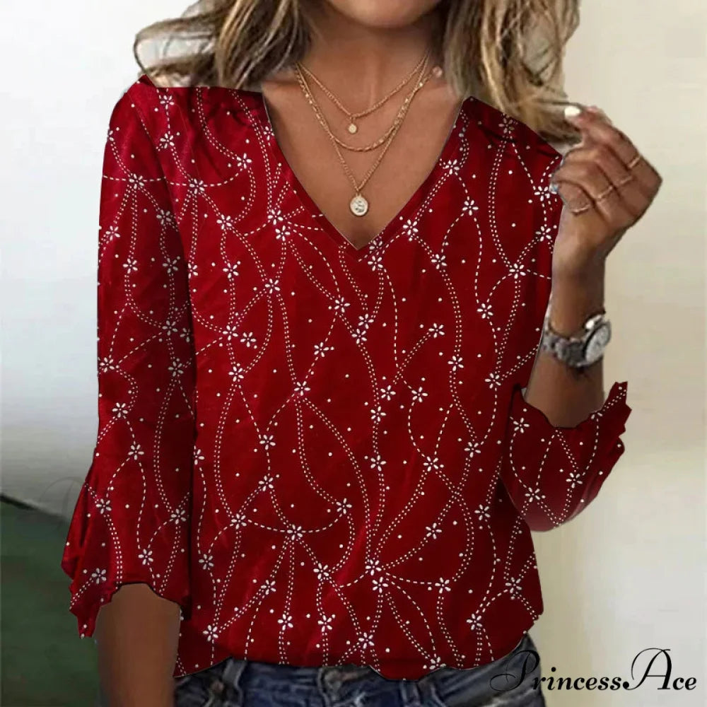 Elegant Vintage Patterned Blouse Red / S