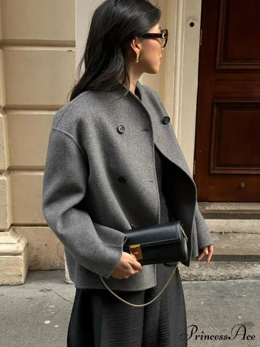 Elegant Warm Solid Woolen Cropped Stand Collar Double Breasted Long Sleeves Stylish Coat