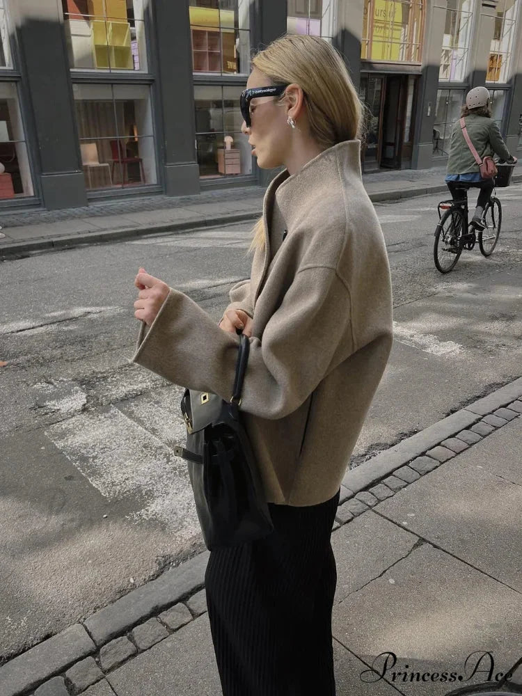 Elegant Warm Solid Woolen Cropped Stand Collar Double Breasted Long Sleeves Stylish Coat