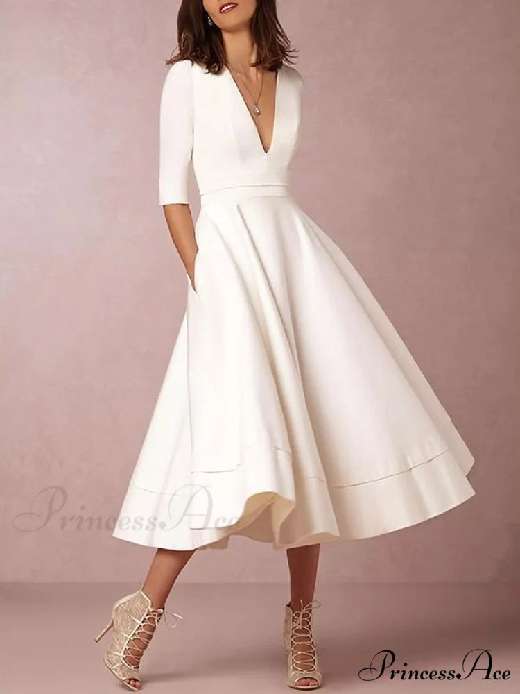 Elegant White V-neck Evening Dress with Half Sleeves M / Black