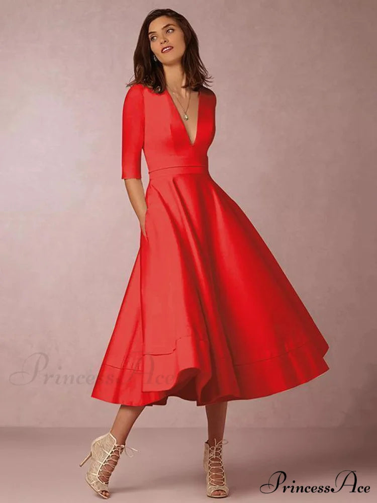 Elegant White V-neck Evening Dress with Half Sleeves S / White
