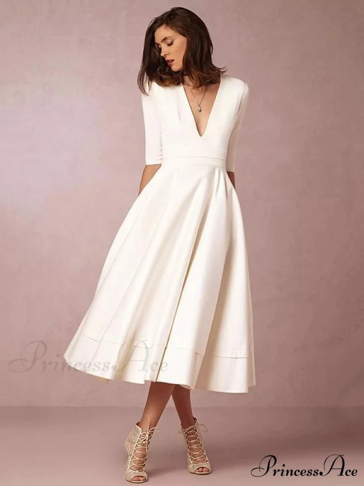 Elegant White V-neck Evening Dress with Half Sleeves S / Black