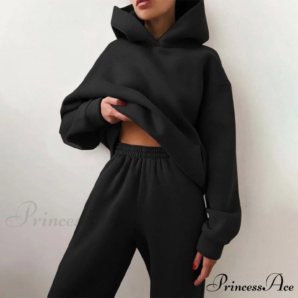 Elegant with Long Sweatshirt Women’s Set and Hoodie Lace-Up Warm Pant Solid Detail 01 Black / S