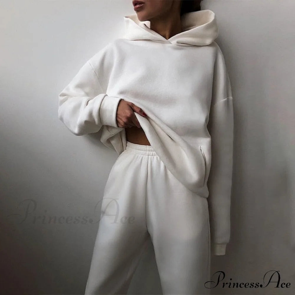 Elegant with Long Sweatshirt Women’s Set and Hoodie Lace-Up Warm Pant Solid Detail 01 White / S
