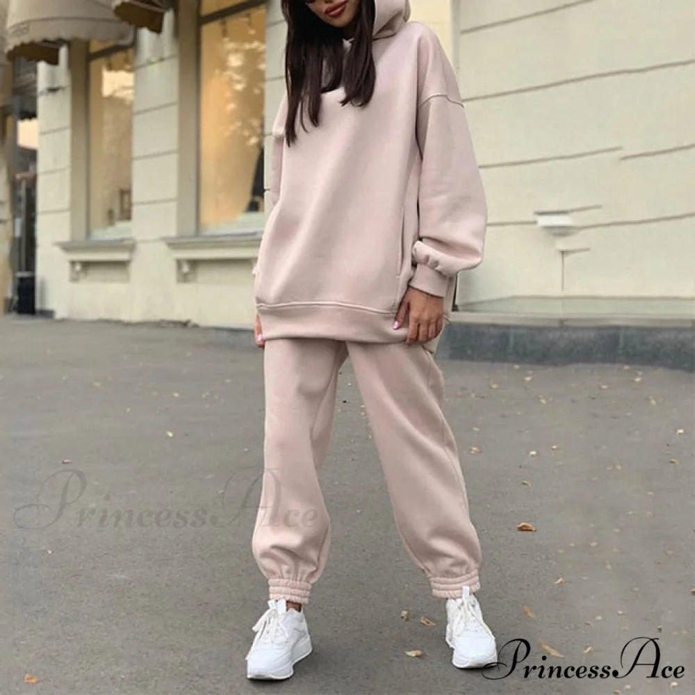 Elegant with Long Sweatshirt Women’s Set and Hoodie Lace-Up Warm Pant Solid Detail 02 Apricot / S