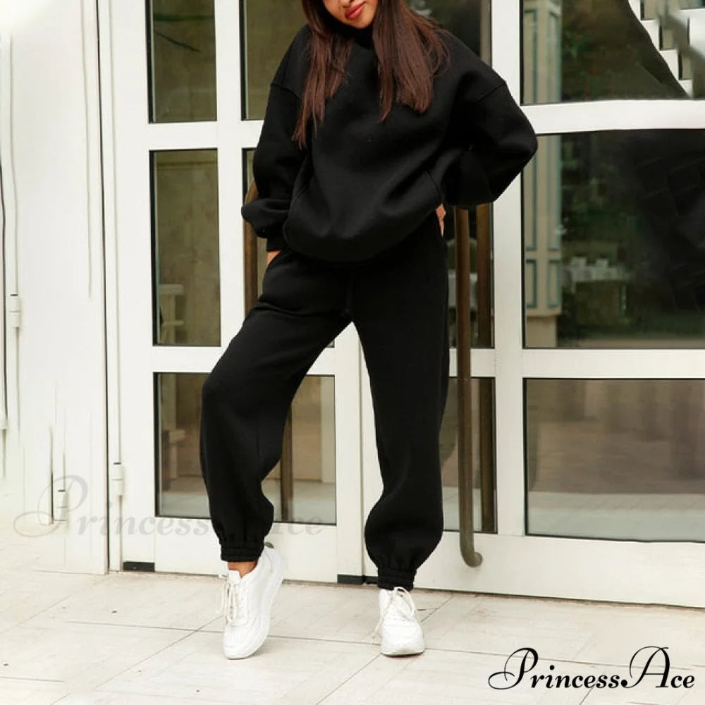 Elegant with Long Sweatshirt Women’s Set and Hoodie Lace-Up Warm Pant Solid Detail 02 Black / S