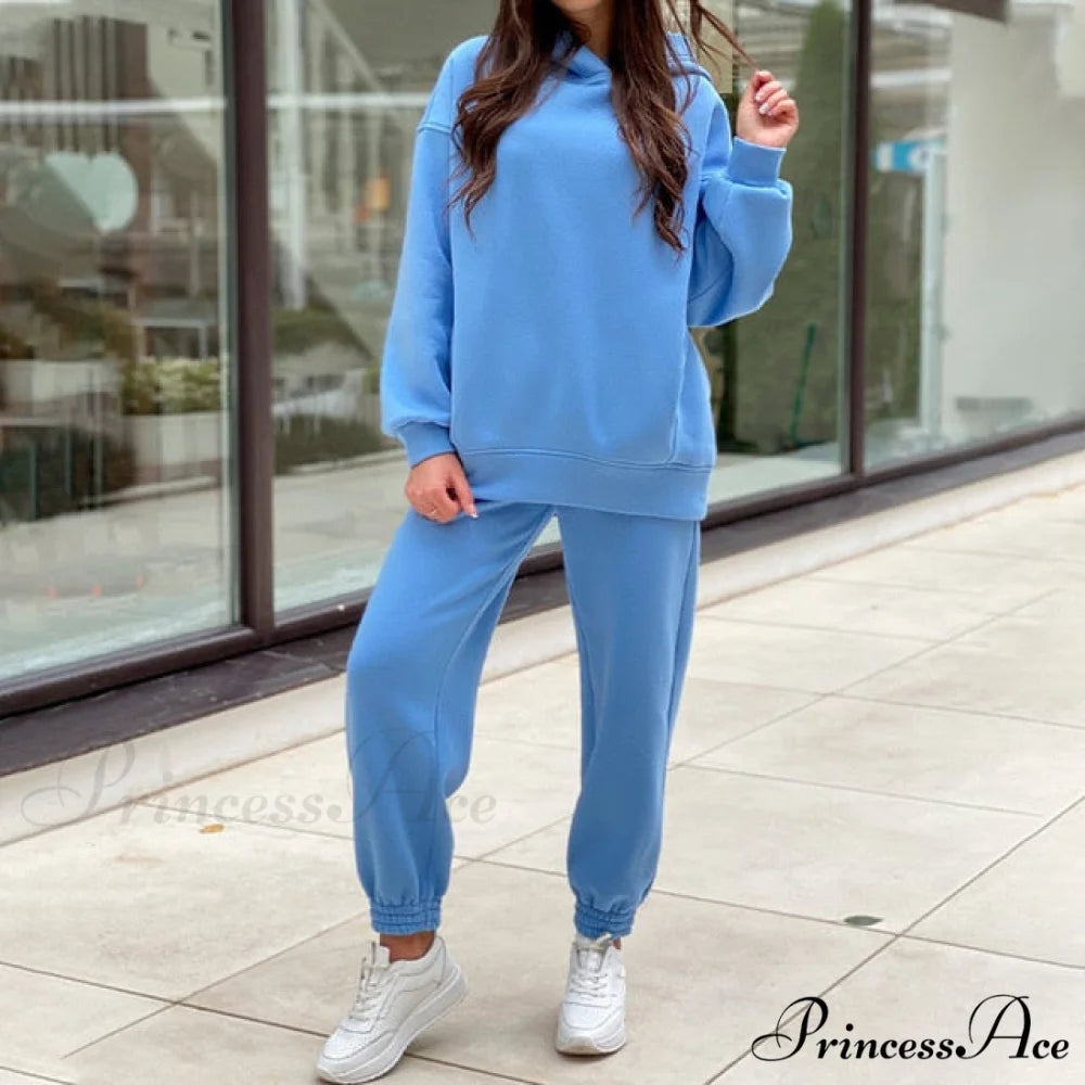 Elegant with Long Sweatshirt Women’s Set and Hoodie Lace-Up Warm Pant Solid Detail 02 Blue / S