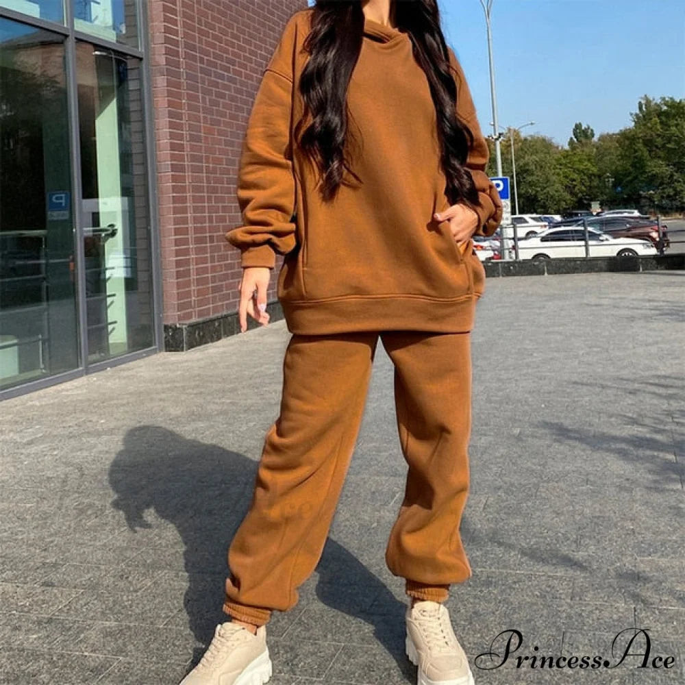 Elegant with Long Sweatshirt Women’s Set and Hoodie Lace-Up Warm Pant Solid Detail 02 Camel / S