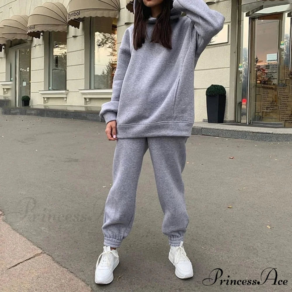 Elegant with Long Sweatshirt Women’s Set and Hoodie Lace-Up Warm Pant Solid Detail 02 Gray / S