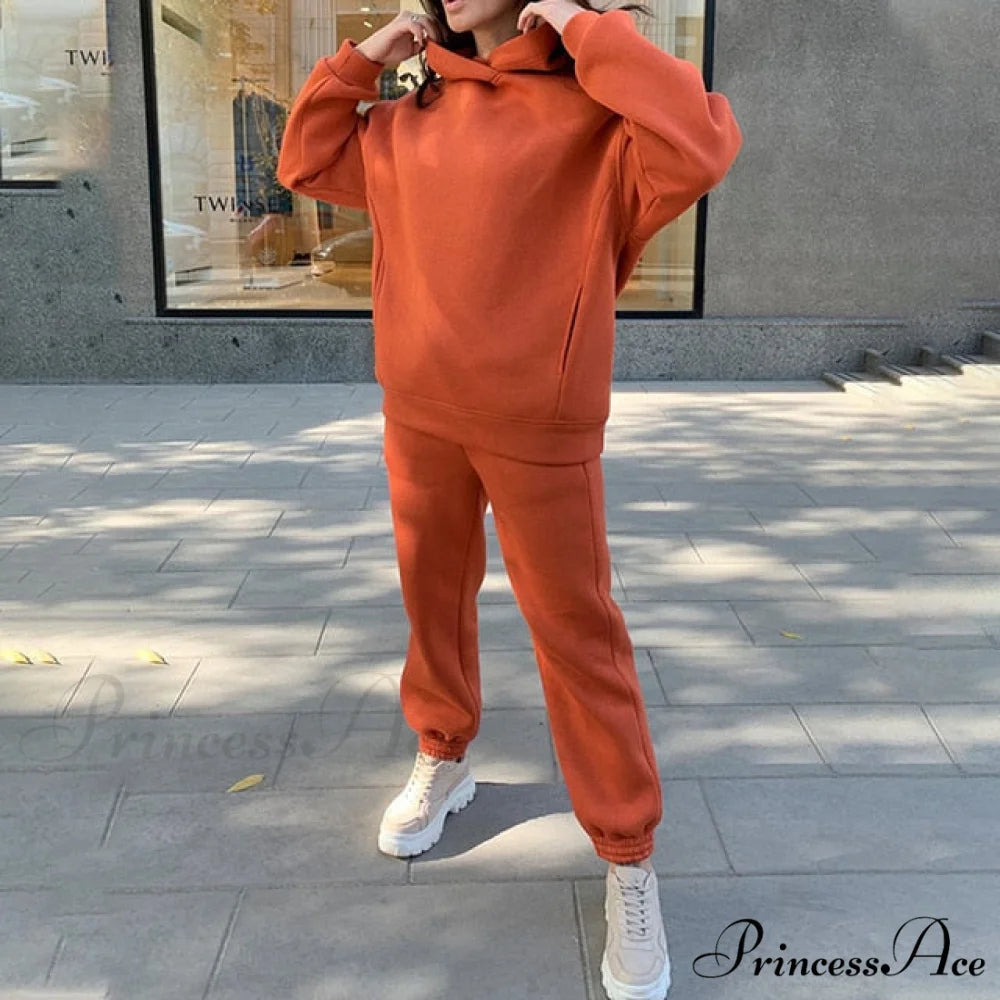 Elegant with Long Sweatshirt Women’s Set and Hoodie Lace-Up Warm Pant Solid Detail 02 Orange / S
