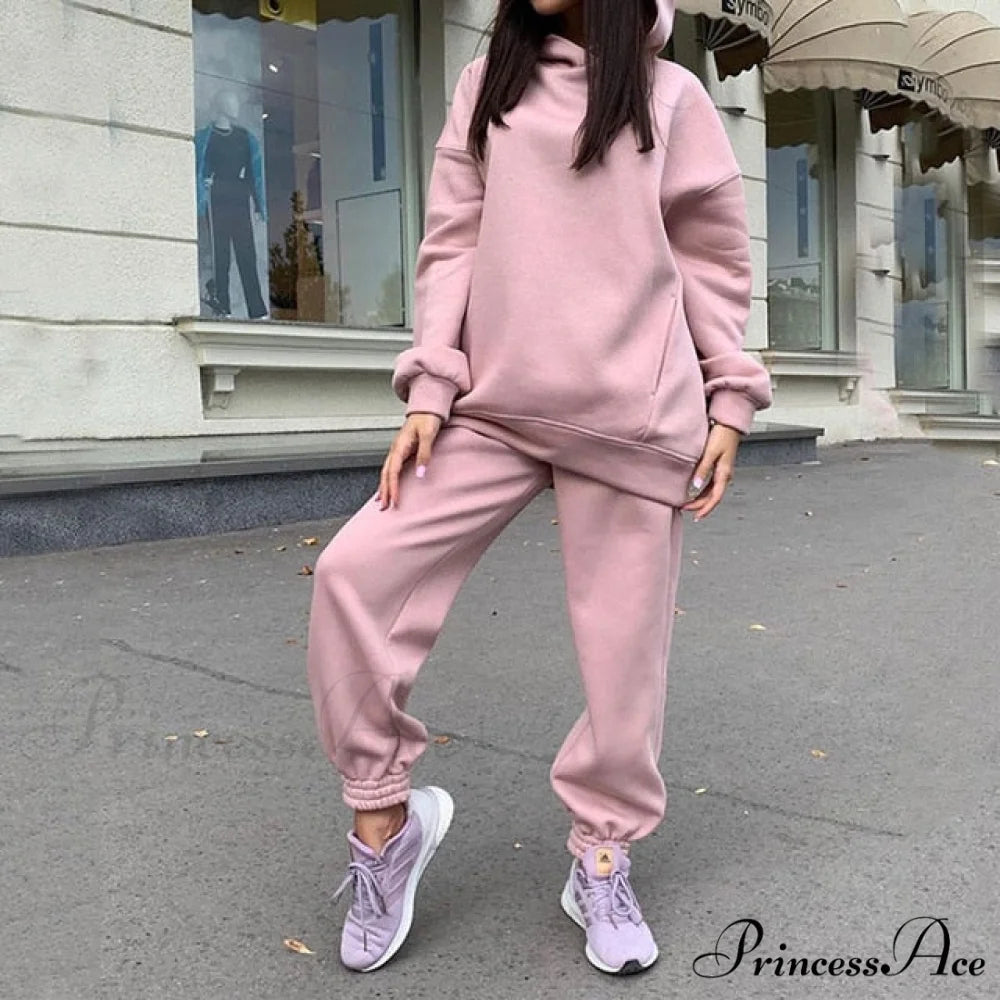 Elegant with Long Sweatshirt Women’s Set and Hoodie Lace-Up Warm Pant Solid Detail 02 Pink / S