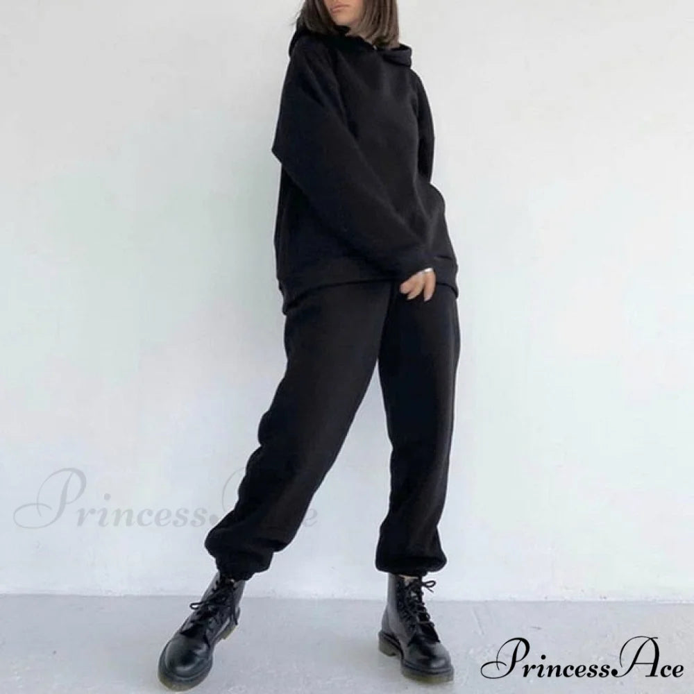 Elegant with Long Sweatshirt Women’s Set and Hoodie Lace-Up Warm Pant Solid Detail 03 Black / S