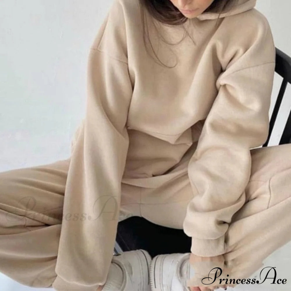 Elegant with Long Sweatshirt Women’s Set and Hoodie Lace-Up Warm Pant Solid Detail 03 Camel / S