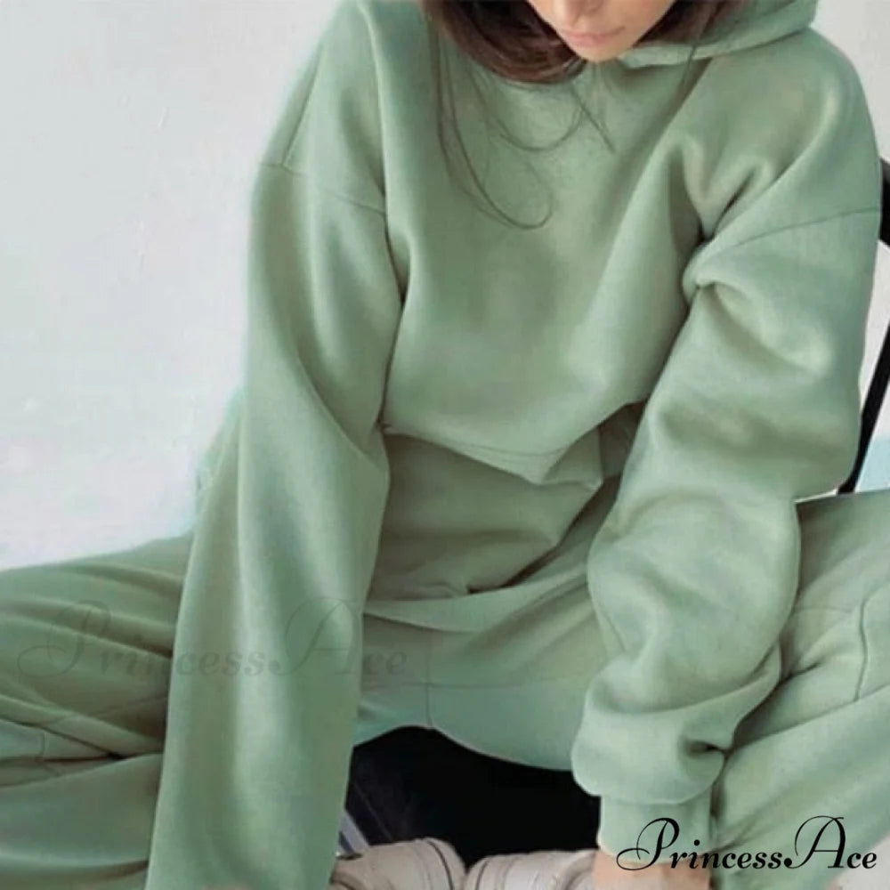 Elegant with Long Sweatshirt Women’s Set and Hoodie Lace-Up Warm Pant Solid Detail 03 Green / S