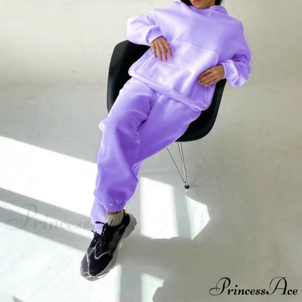 Elegant with Long Sweatshirt Women’s Set and Hoodie Lace-Up Warm Pant Solid Detail 03 Purple / S