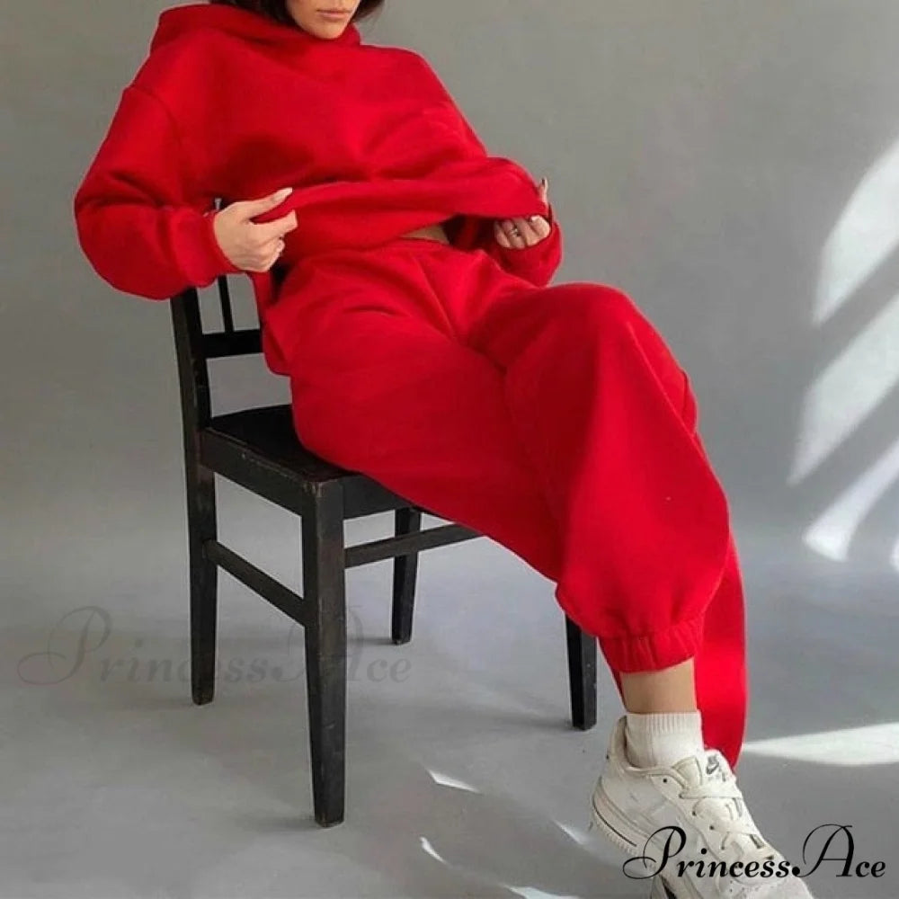 Elegant with Long Sweatshirt Women’s Set and Hoodie Lace-Up Warm Pant Solid Detail 03 Red / S