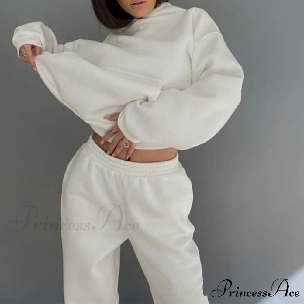Elegant with Long Sweatshirt Women’s Set and Hoodie Lace-Up Warm Pant Solid Detail 03 White / L