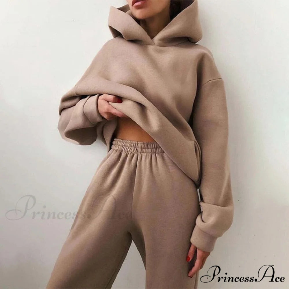 Elegant with Long Sweatshirt Women’s Set and Hoodie Lace-Up Warm Pant Solid Detail