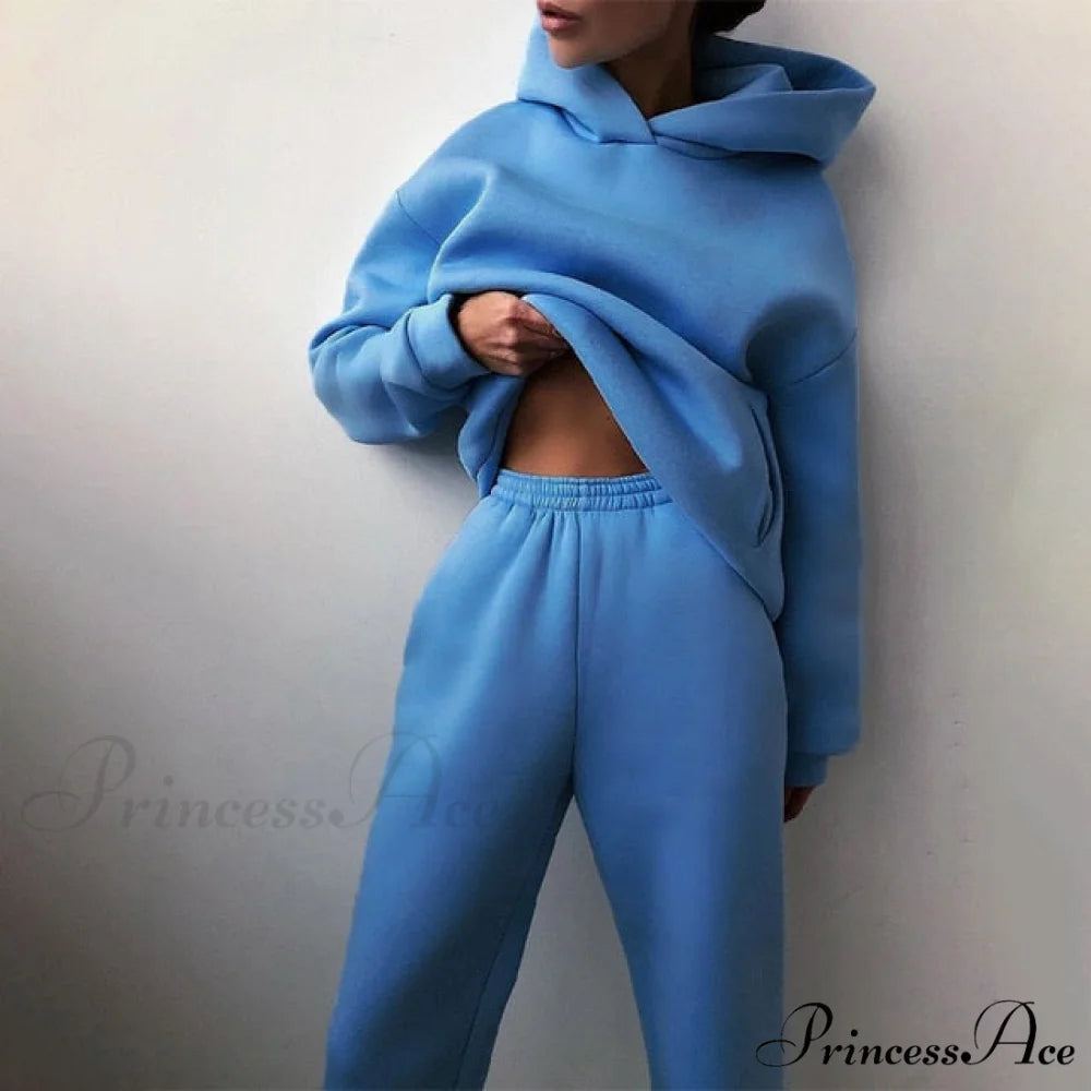 Elegant with Long Sweatshirt Women’s Set and Hoodie Lace-Up Warm Pant Solid Detail