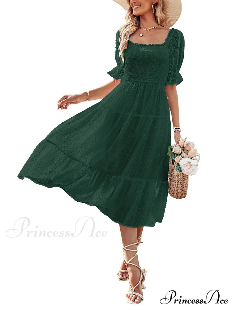Elegant Women Chiffon Summer Mesh Short Puff Sleeve Square Neck Dot Pattern Stretch Ruched Beachwear Green / S
