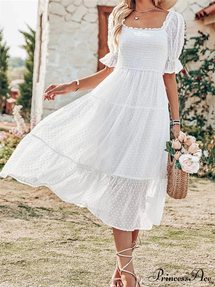 Elegant Women Chiffon Summer Mesh Short Puff Sleeve Square Neck Dot Pattern Stretch Ruched Beachwear WHITE / S