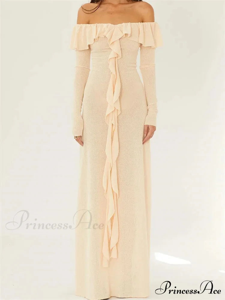 Elegant Women Knitted Evening Solid Sleeve Slash Neck Off Shoulder Ruffles Party Female Vestido YELLOW / S