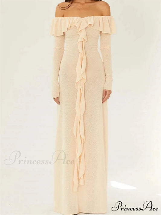 Elegant Women Knitted Evening Solid Sleeve Slash Neck Off Shoulder Ruffles Party Female Vestido YELLOW / S