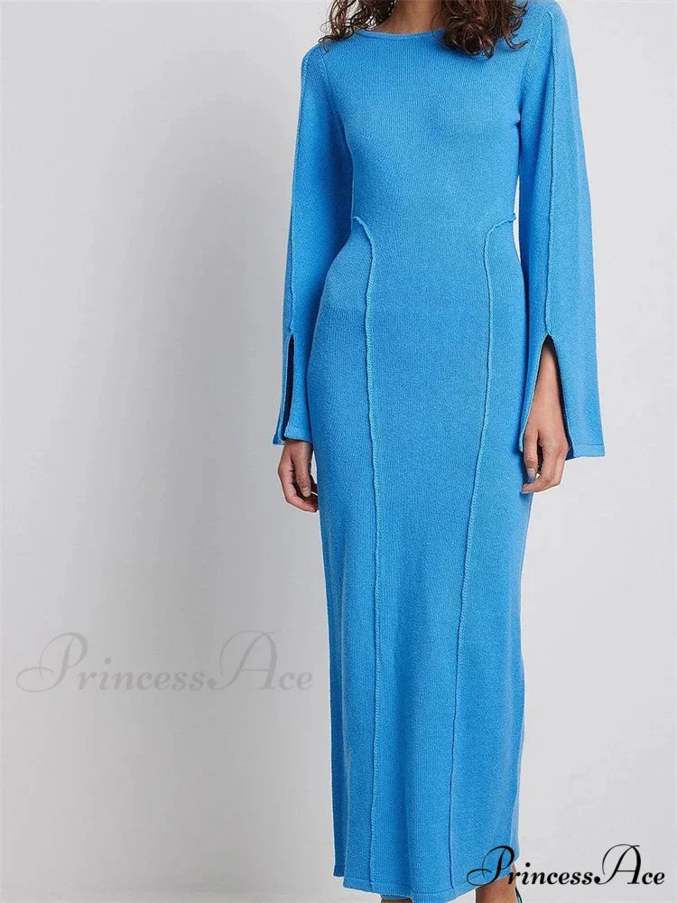 Elegant Women Knitted Patchwork Vintage Flare Sleeve Round Neck Slim Fit Solid Party Vestidos NAVY BLUE / S