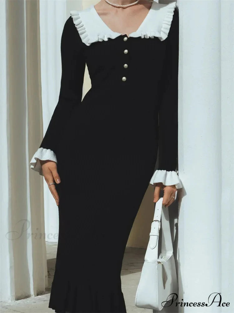 Elegant Women Knitted Sleeve Casual Solid Color Ruffles Hem Party for Beach Cocktail Club Streetwear