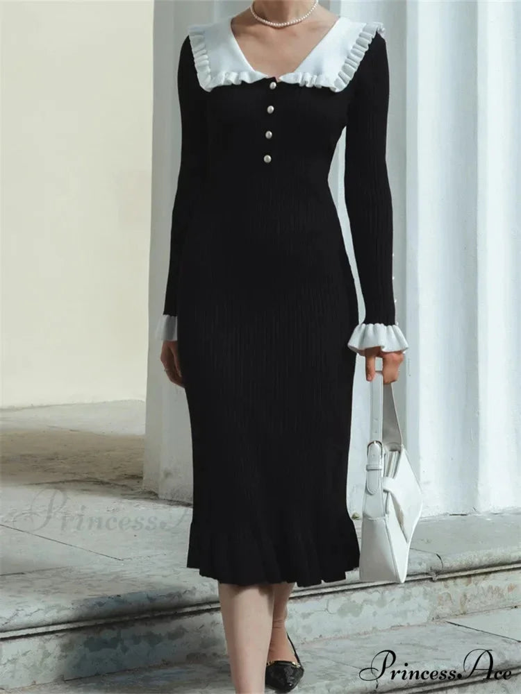 Elegant Women Knitted Sleeve Casual Solid Color Ruffles Hem Party for Beach Cocktail Club Streetwear BLACK / S