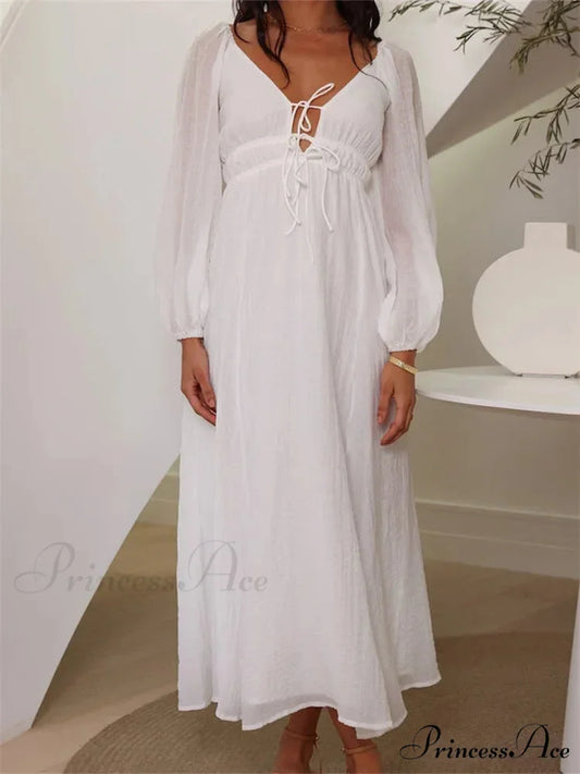 Elegant Women Mesh See Through Lantern Sleeve Deep V-neck Solid White High Waist Party Beach Vestidos WHITE / S