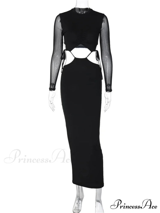 Elegant Women Mesh See Through Sleeve O-Neck Waist Hollow Out Tie-up Cocktail Spring Autumn Vestidos