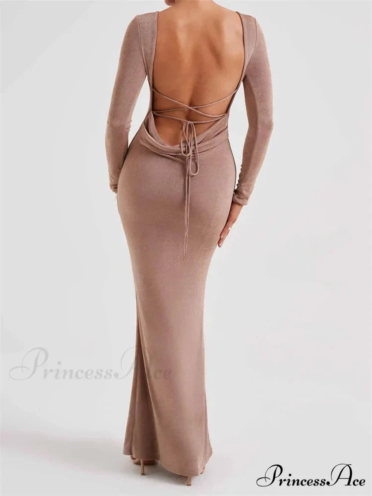 Elegant Women Party Backless Criss-cross Tie-up Bodycon Formal Club Sleeve Solid Female Vestido BEIGE / S