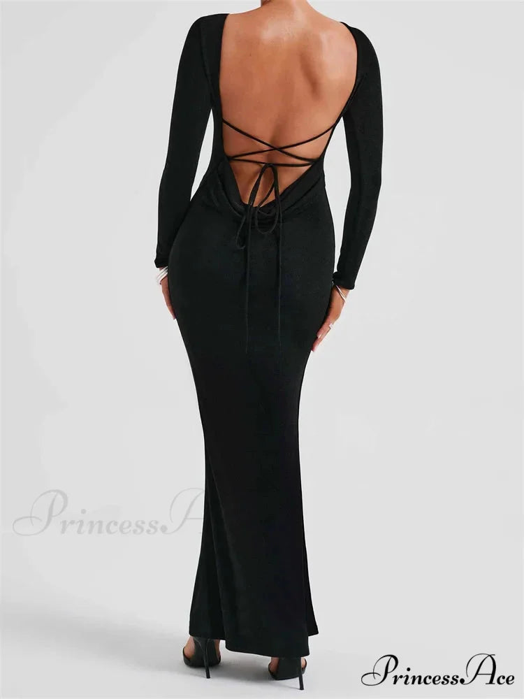 Elegant Women Party Backless Criss-cross Tie-up Bodycon Formal Club Sleeve Solid Female Vestido BLACK / S