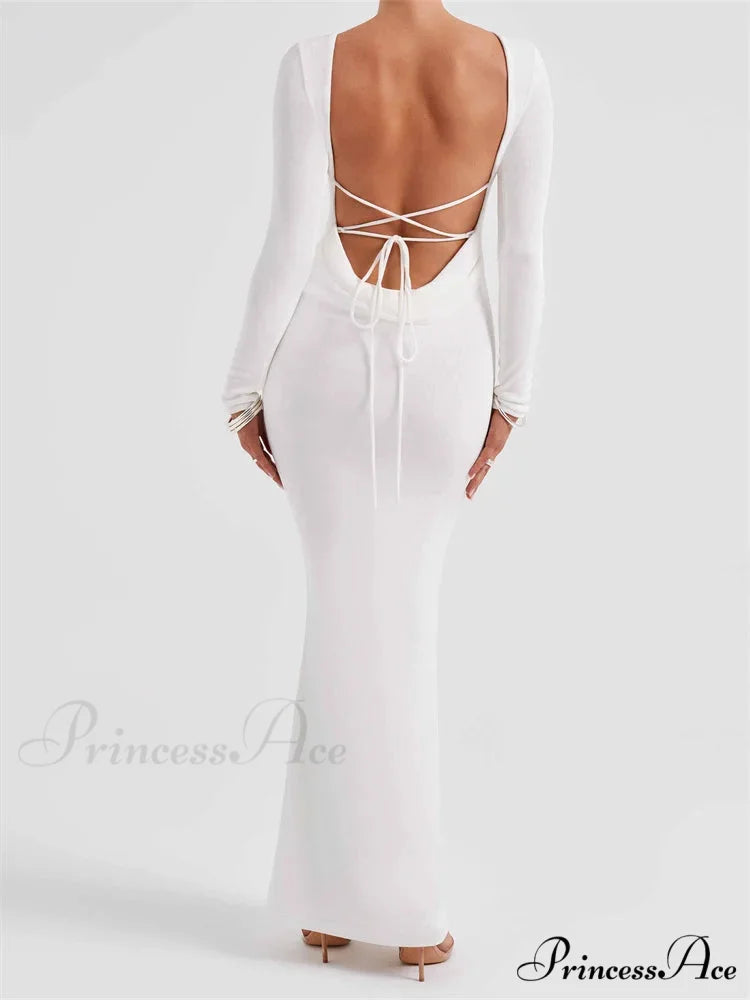 Elegant Women Party Backless Criss-cross Tie-up Bodycon Formal Club Sleeve Solid Female Vestido WHITE / S