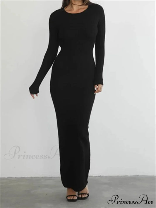Elegant Women Round Neck Party Solid Color Sleeve Backless Tie Up Party Female Vestidos Black / S