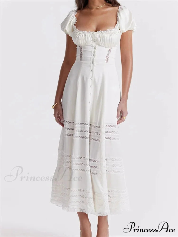 Elegant Women Short Sleeve Front Buttons Up Lace Hollow Out High Waist White OL Summer Vestidos WHITE / S