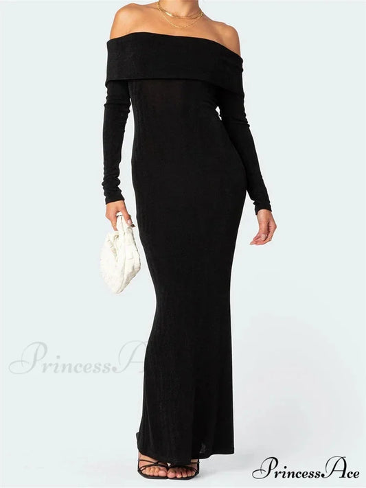 Elegant Women Slash Neck Off Shoulder Bodycon Black Solid Sleeve Party Formal Female Vestidos Black / S