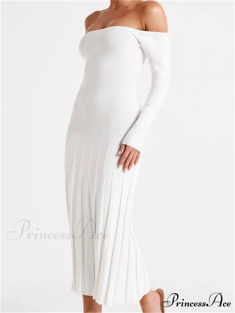 Elegant Women Slash Neck Off-Shoulder Solid Sleeve Backless Party Pleated Slim Vestidos WHITE / S
