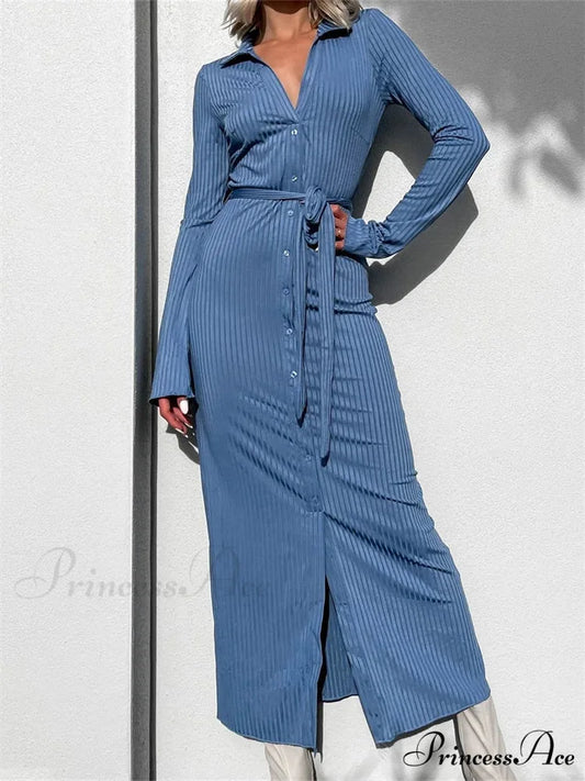 Elegant Women Sleeve Shirt Solid Casual Buttons Up Party Beach Cocktail Club Vestido Streetwear Blue / S