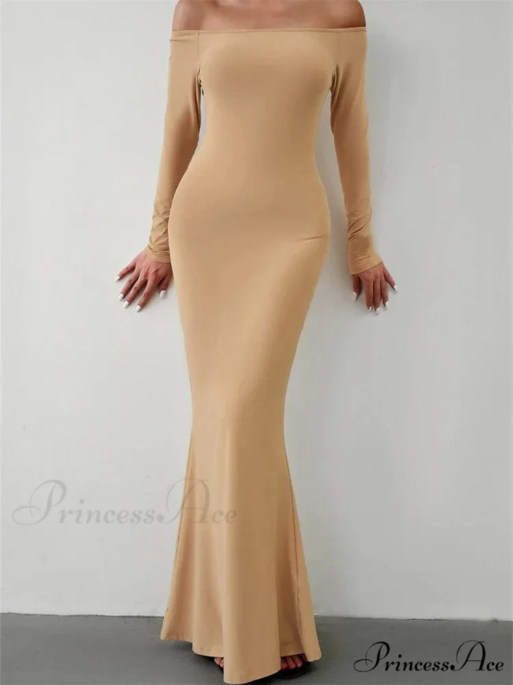 Elegant Women Sleeve Trumpet Solid Slash Neck Off-Shoulder Party Beach Cocktail Club Streetwear BEIGE / S