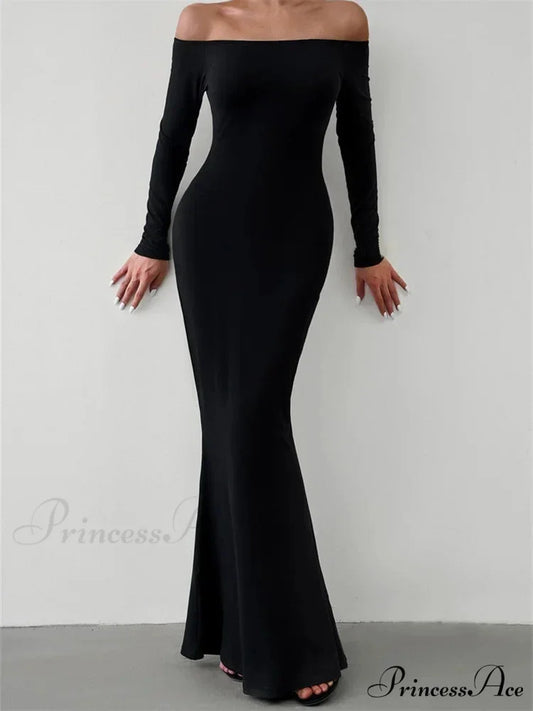 Elegant Women Sleeve Trumpet Solid Slash Neck Off-Shoulder Party Beach Cocktail Club Streetwear BLACK / S