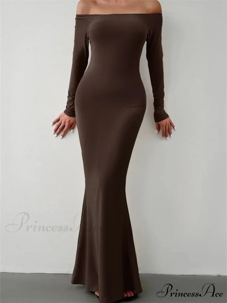 Elegant Women Sleeve Trumpet Solid Slash Neck Off-Shoulder Party Beach Cocktail Club Streetwear CAMEL / S