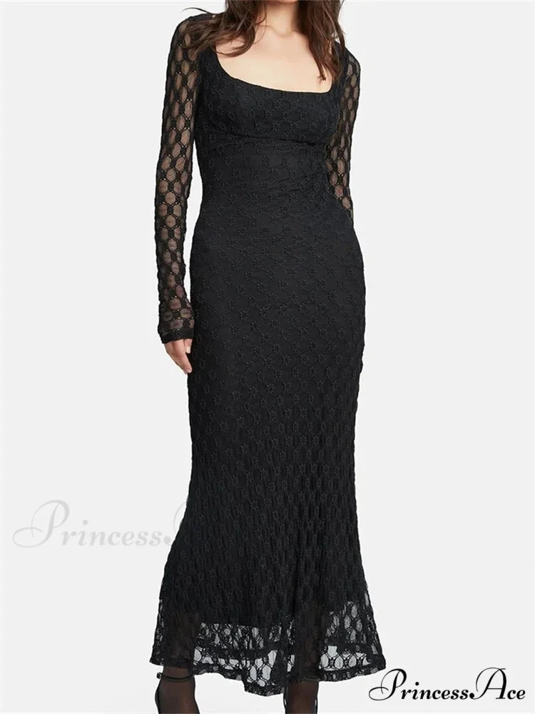 Elegant Women Spring Autumn Party See Through Sleeve Square Neck Lace Floral Slim Fit Vestidos BLACK / S