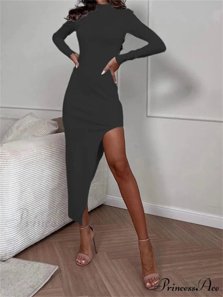 Elegant Women Spring Autumn Turtleneck Solid Color Sleeve High Split Bodycon Party Vestido BLACK / S