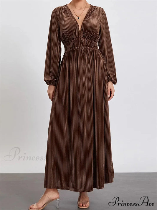 Elegant Women Spring Fall Velvet Sleeve Deep V Neck Solid Color A-Line Vintage Female Vestidos BROWN / S
