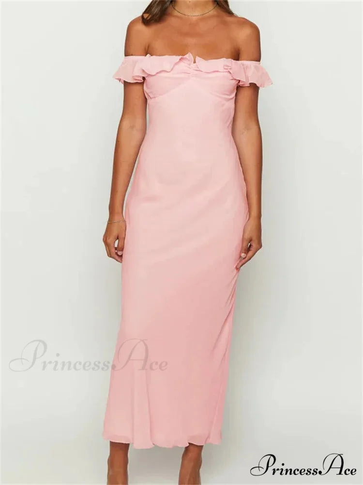 Elegant Women Summer Evening Backless Off Shoulder Slash Neck Ruffles Party Formal Female Vestidos PINK / S
