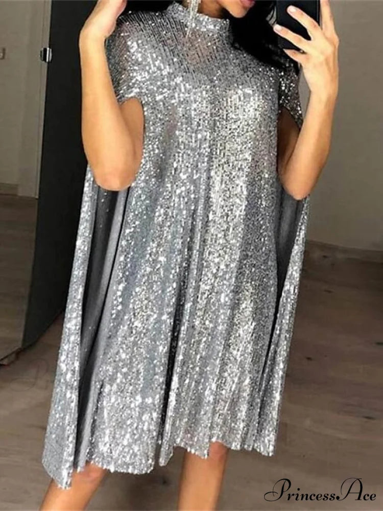 Elegant Women’s Silver Party 2024 Crew Gown Sequins Semi Sizes Split Formal Sequin Gown Neck Mini Brief Gold Sleeveless
